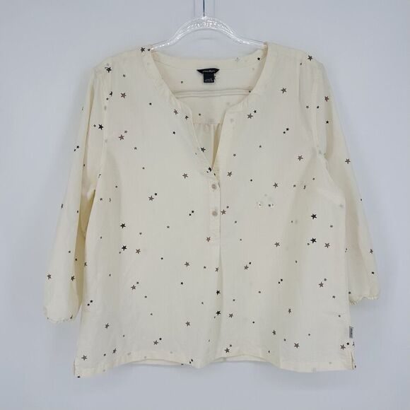 Eddie Bauer Top Women’s Size Large Blouse Star Novelty Print Popover Cream NWOT - Picture 1 of 11